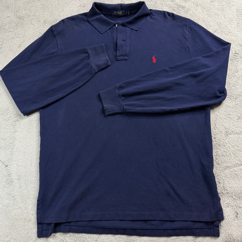 Polo Ralph Lauren Mens Long Sleeve Pique Polo Shirt Navy Blue Red Pony Large EUC